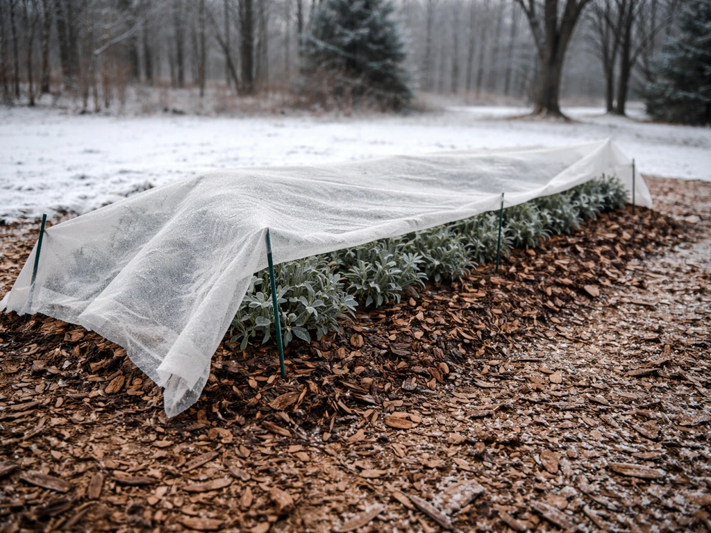 Carnations covered with mulch and a protective winter cover in a snowy garden