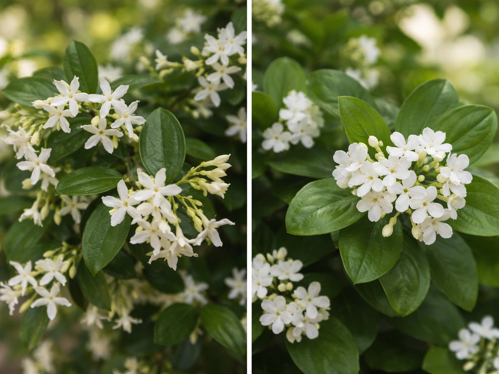 Two close-up photos side by side showing different jasmine lookalike plant features and flowers.