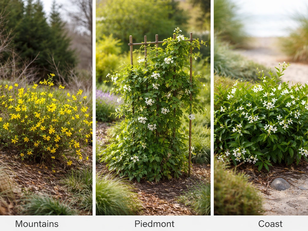 Triptych of jasmine plantings for NC mountains, Piedmont, and coast—yellow winter bloom, fresh green vine, coastal garde