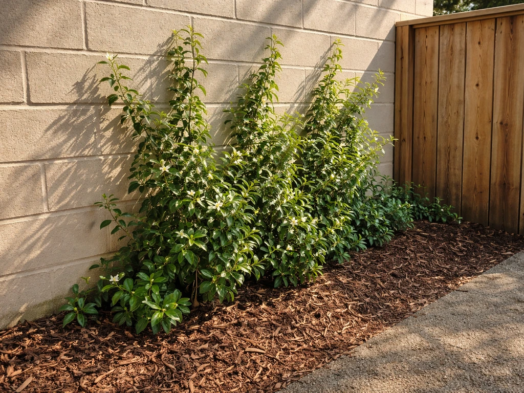 Jasmine growing along a warm south-facing wall with clear sunlight and wind-protecting garden barrier