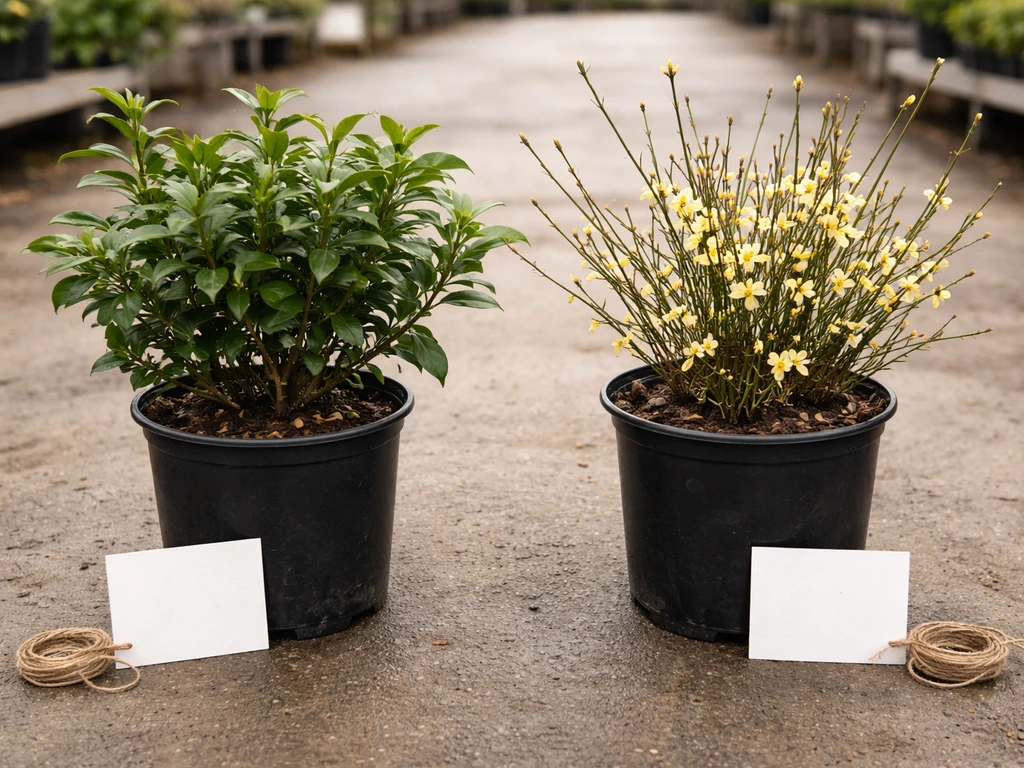 Two potted jasmine plants with blank tags at a nursery to show winter vs star jasmine differences.