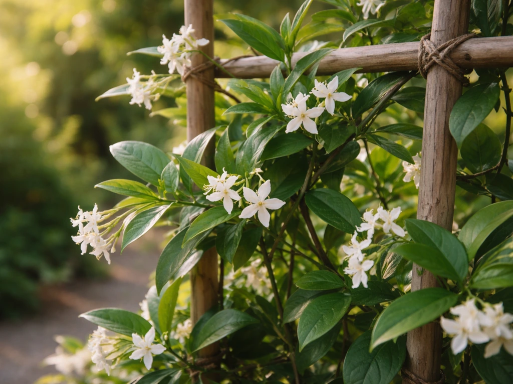 Star jasmine climbing a trellis with glossy leaves and small white star-shaped flowers in sunny garden light