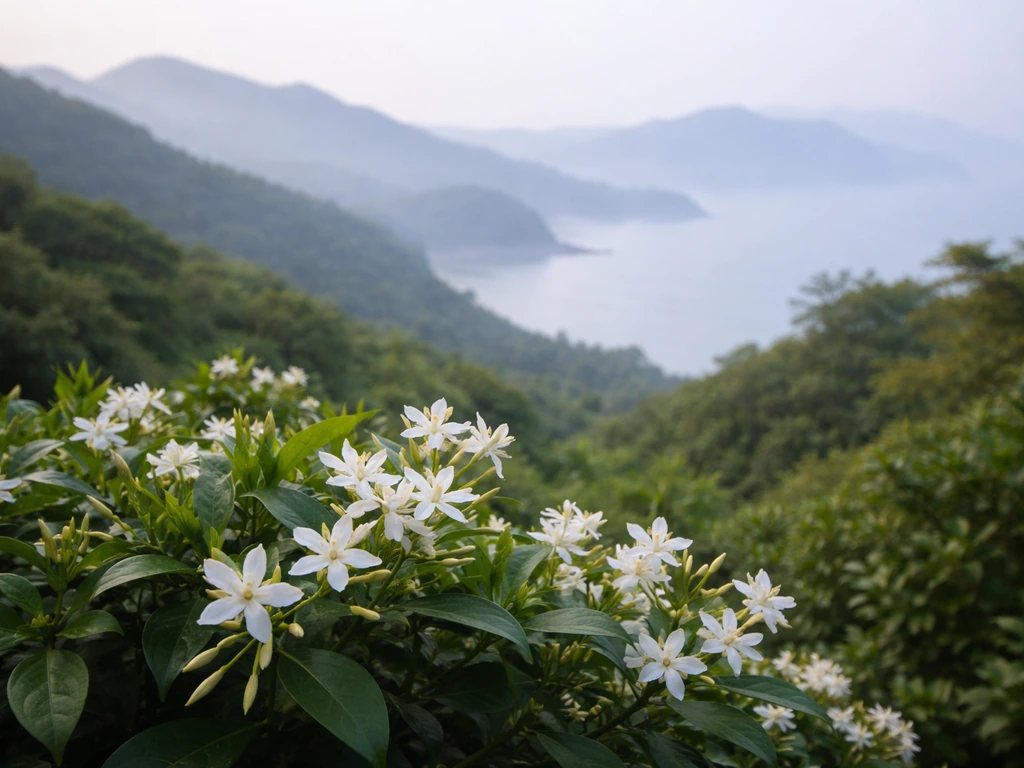 White star jasmine flowers in a misty subtropical landscape evoking eastern and southeastern Asia origin range.