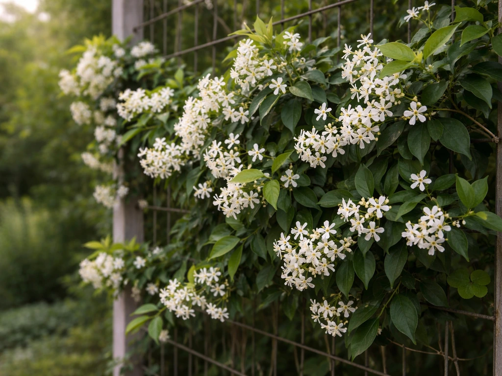 Star jasmine vine with glossy evergreen leaves and clusters of white flowers in early June sunlight.