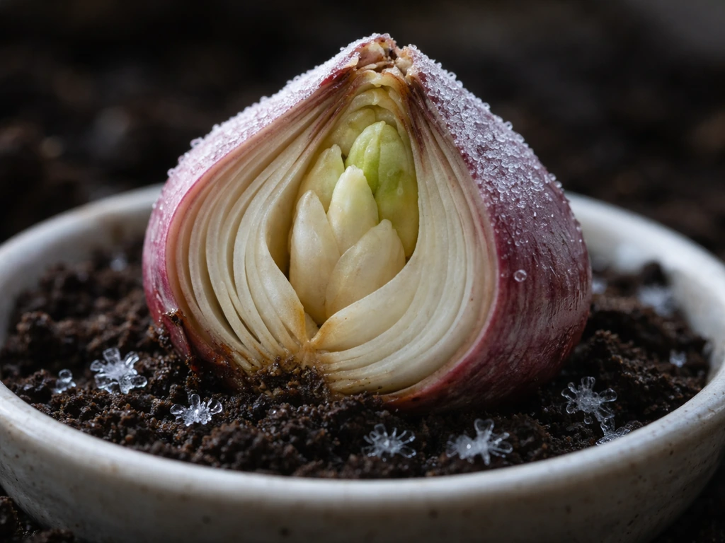 Close-up of a hyacinth bulb cutaway on soil with cool winter chilling emphasis using soft light.