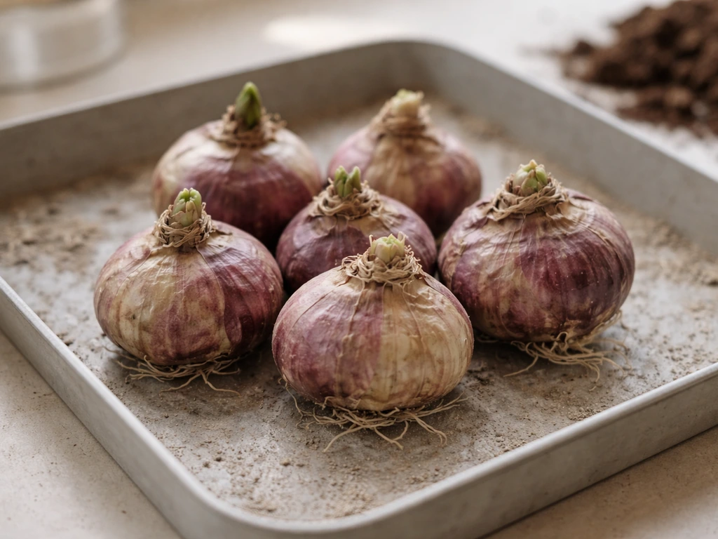 Close-up of properly pre-chilled hyacinth bulbs in a shallow tray, ready for planting