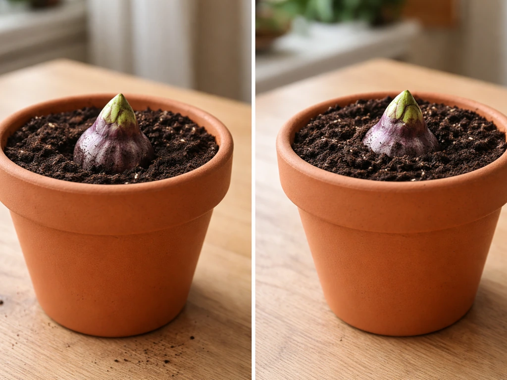 Two terracotta pots showing a hyacinth bulb being potted at the correct depth, before and after.