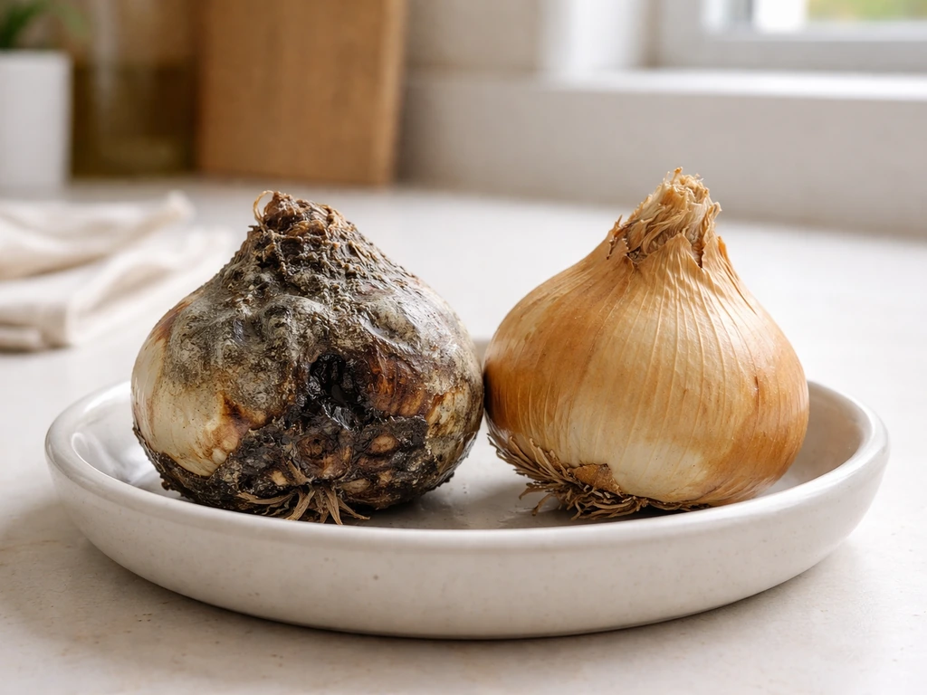 Close-up of a firm, dry bulb beside a moldy, rotting bulb in a simple kitchen setting.