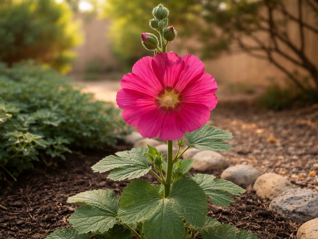 Pink hollyhock blooms in a sunny Arizona garden bed with mulch and partial shade