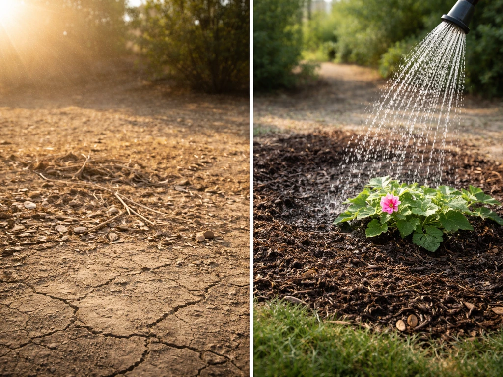 Split image: dry cracked soil in Arizona summer heat beside a mulched, hand-watered hollyhock bed.