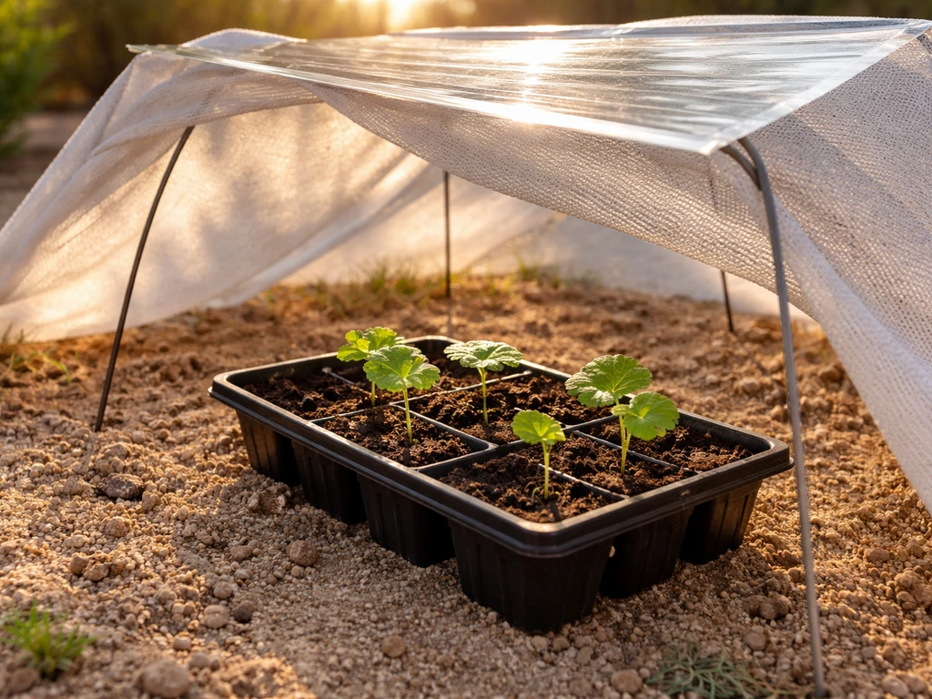 Young hollyhock seedlings in a shaded seed tray under heat protection in a low-desert yard.