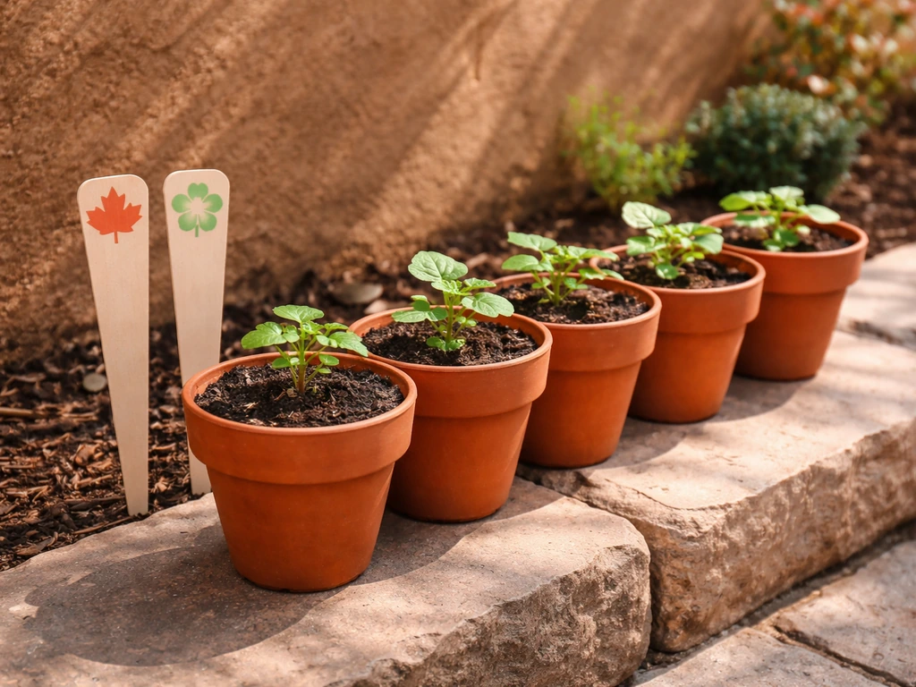 Hollyhock seedlings in small pots on patio, showing partial shade and clear fall vs spring placement