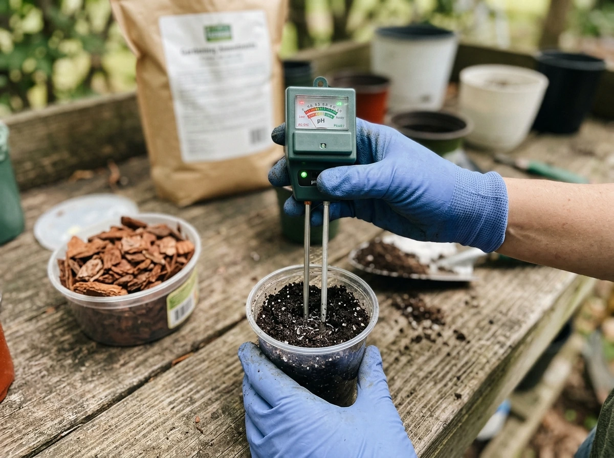 Testing soil pH for azaleas using an acidic soil meter and sample soil in a cup