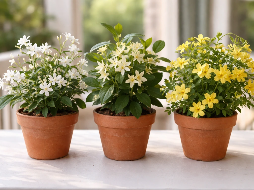 Close-up of three potted jasmine types—true jasmine, star jasmine, and winter jasmine—on a porch table