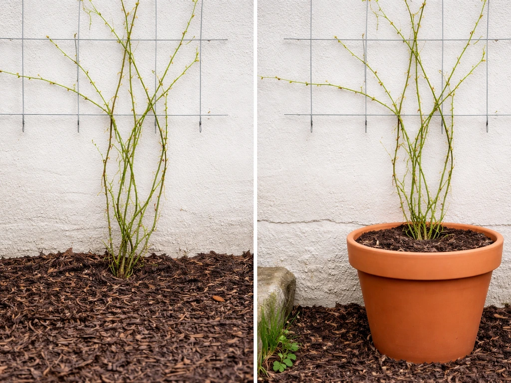 Chicago backyard showing winter jasmine planted in-ground with mulch and an adjacent container near a wall.