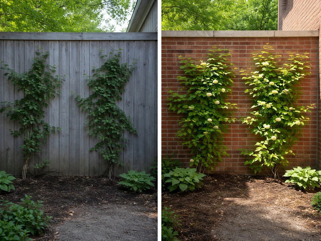 Split garden scene: shaded north-facing fence vs sunny south-facing brick wall with vines in different condition.