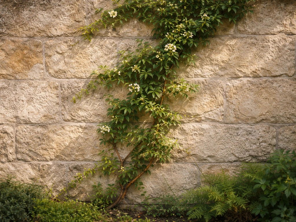 Jasmine vine climbing a warm south-facing Irish garden wall with fresh green leaves and early buds.