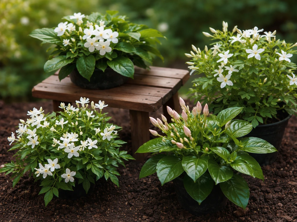 Close-up of several different jasmine plants with distinct leaves and flowers in soft focus garden setting
