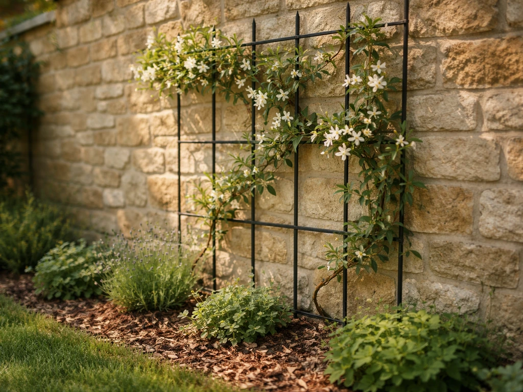 South-facing sheltered garden wall with jasmine-trained stems and a protected growing area