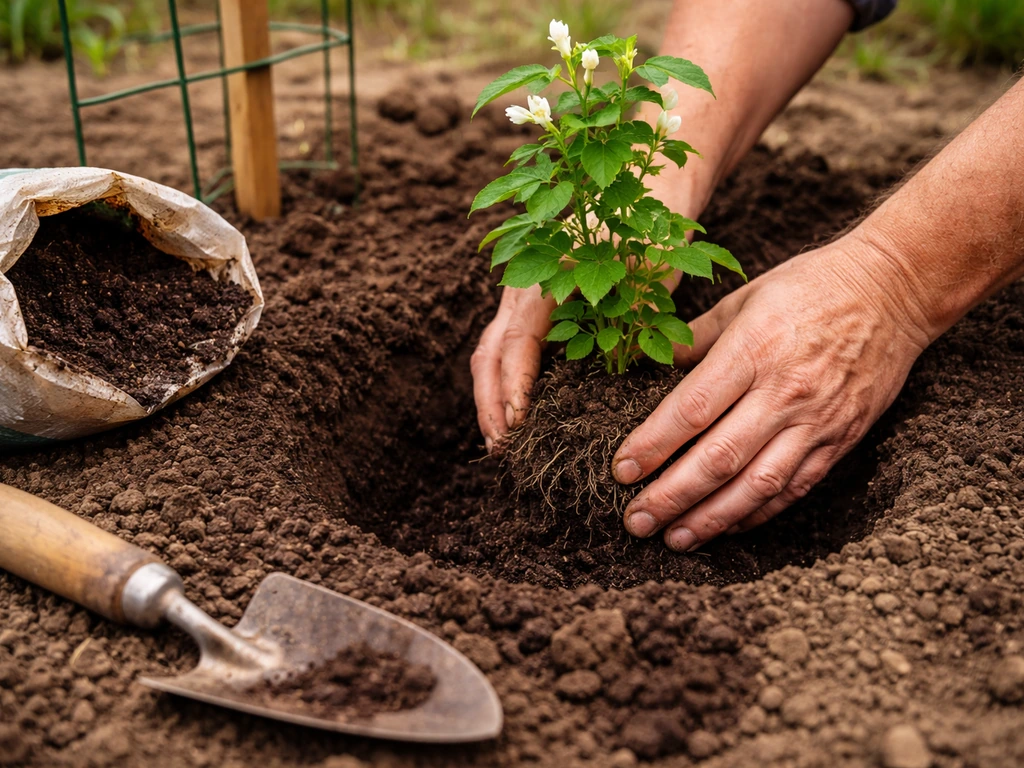 Gardening hands plant a young jasmine cutting into a free-draining hole beside a stake and trellis.