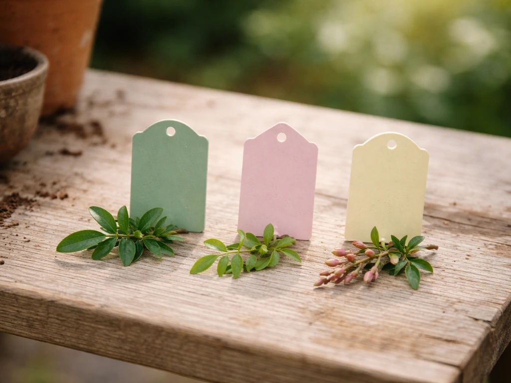 Three different nursery plant tags and small sprigs on a potting bench, suggesting different jasmine types.