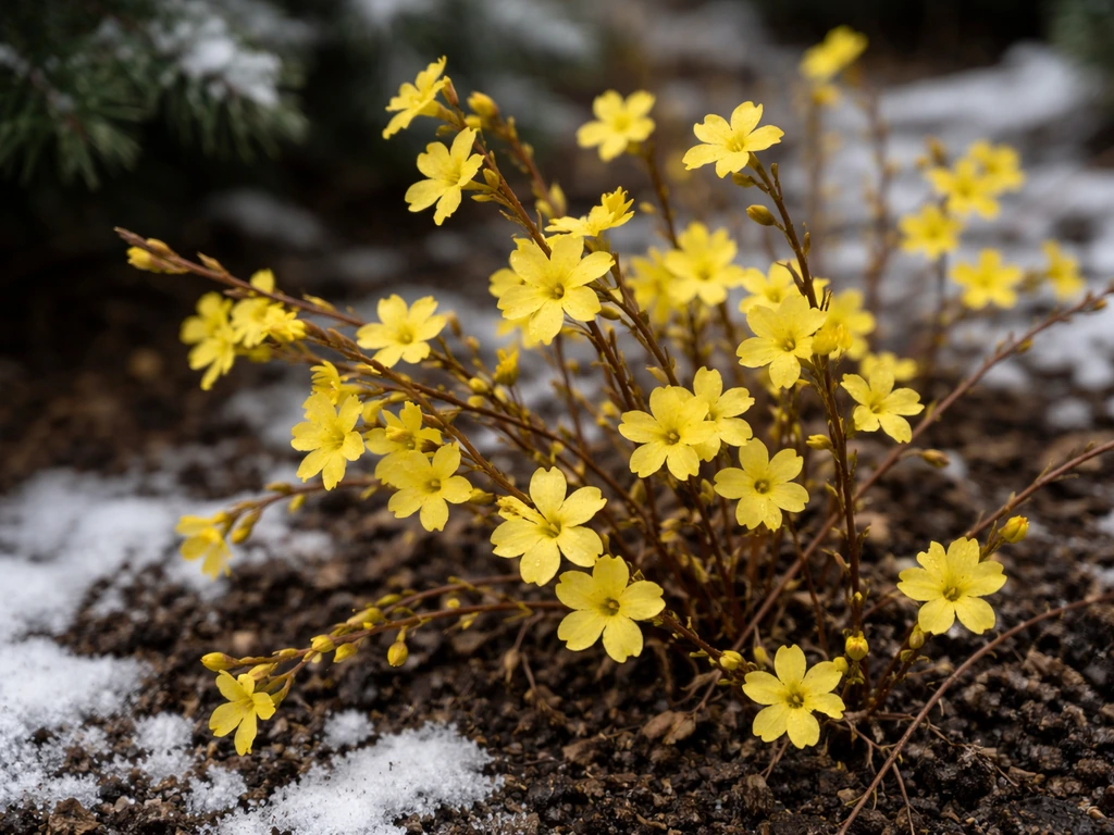 Winter jasmine blossoms on bare stems in a snowy, late-winter garden in cold weather.
