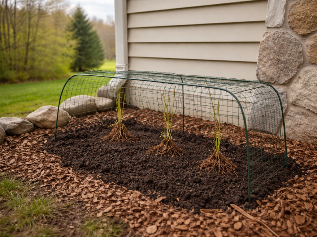 Sheltered winter-jasmine planting bed in Wisconsin with a faint, unlabeled regional corridor feel in the background