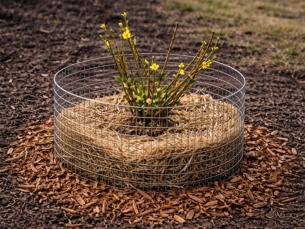 Winter jasmine in the ground with fresh mulch around the base and a simple protective cage.