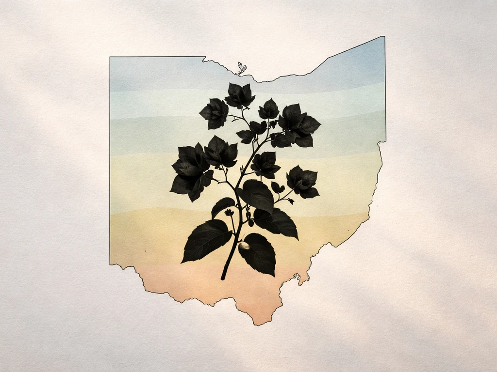 Minimal illustration of a bougainvillea silhouette over a simple outline map of Ohio hardiness zones.