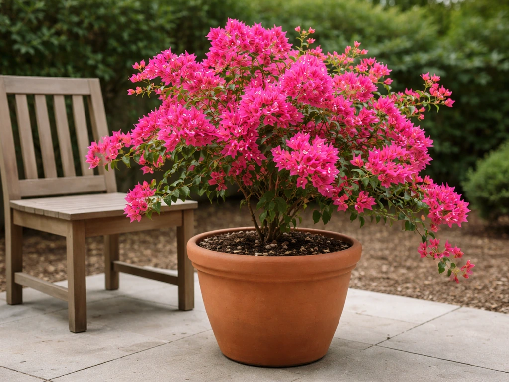 Large bougainvillea in a big terracotta pot with well-draining soil, staged on a patio for warm nights.