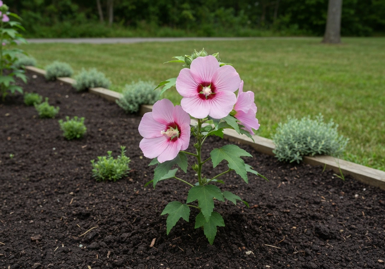 Hardy hibiscus in bloom in a Michigan garden with lush green leaves and natural light.