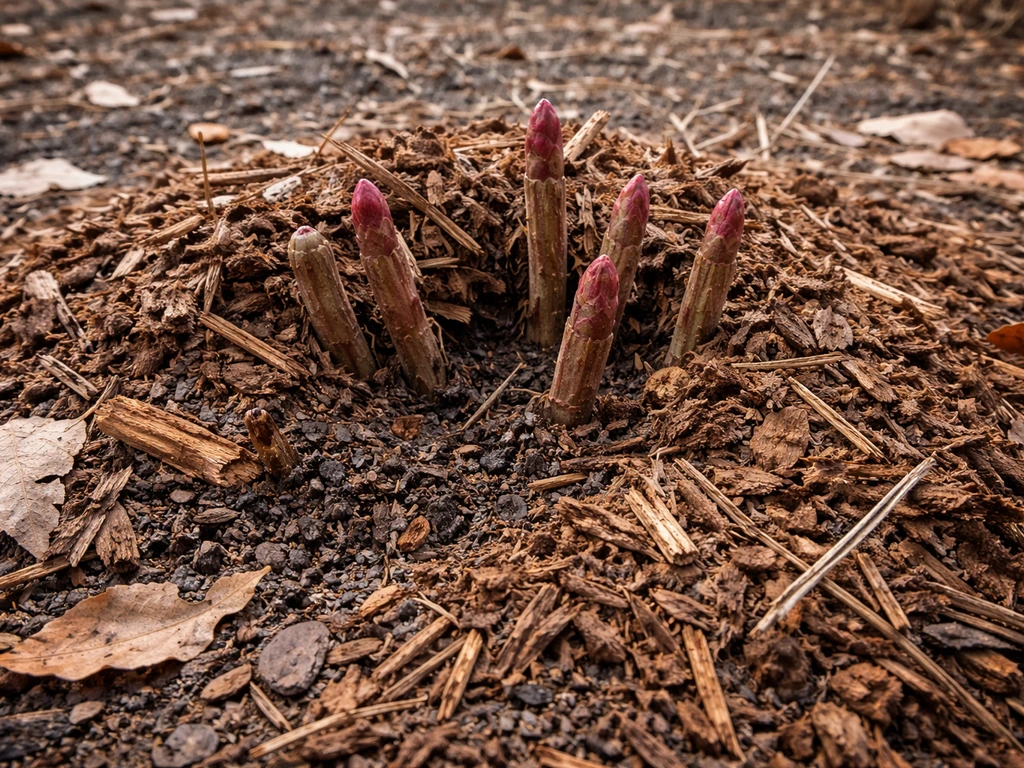 Close-up of hardy hibiscus stems under thick mulch protecting the crown for winter survival.