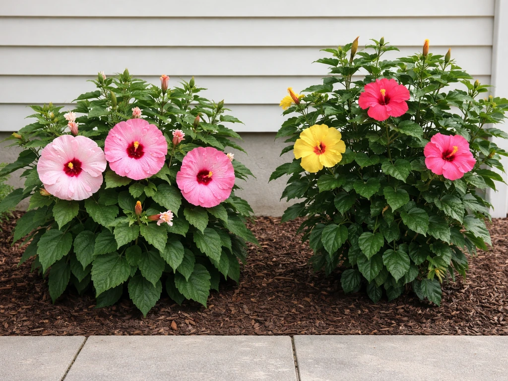 Side-by-side hardy perennial and tropical hibiscus plants in simple garden pots, showing different growth habits