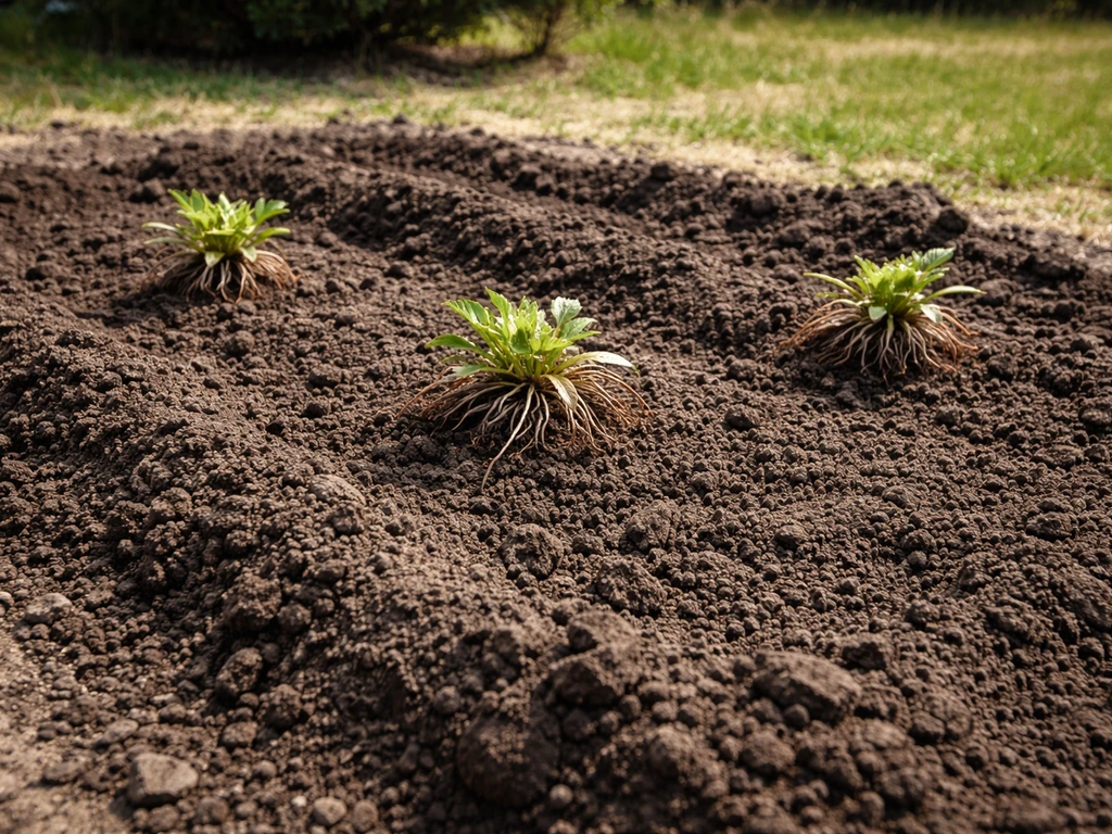 Sunny raised garden bed with moist, well-draining soil and hibiscus roots not in standing water.