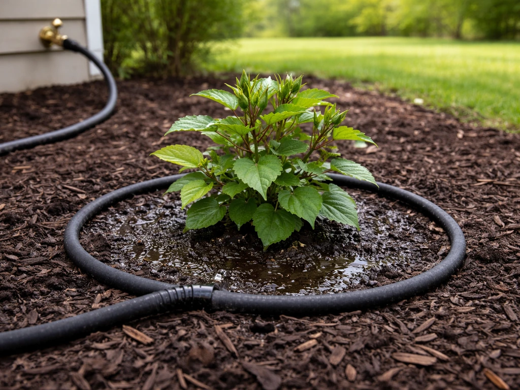 Newly planted hibiscus with a soaker hose ring and mulch in a backyard garden after frost.