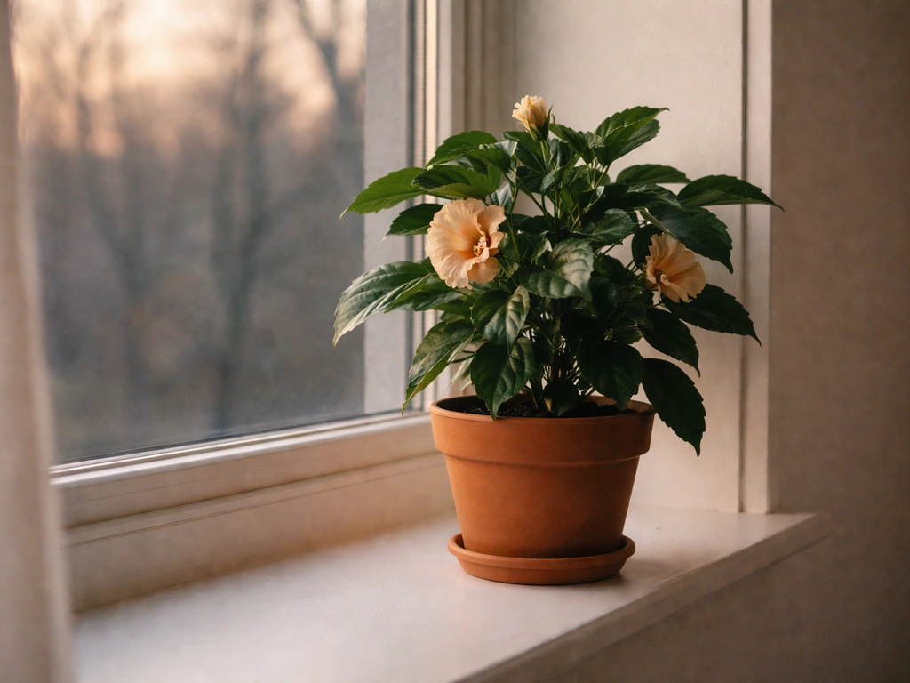 Tropical hibiscus in a terracotta pot on an indoor windowsill with autumn evening light outside.