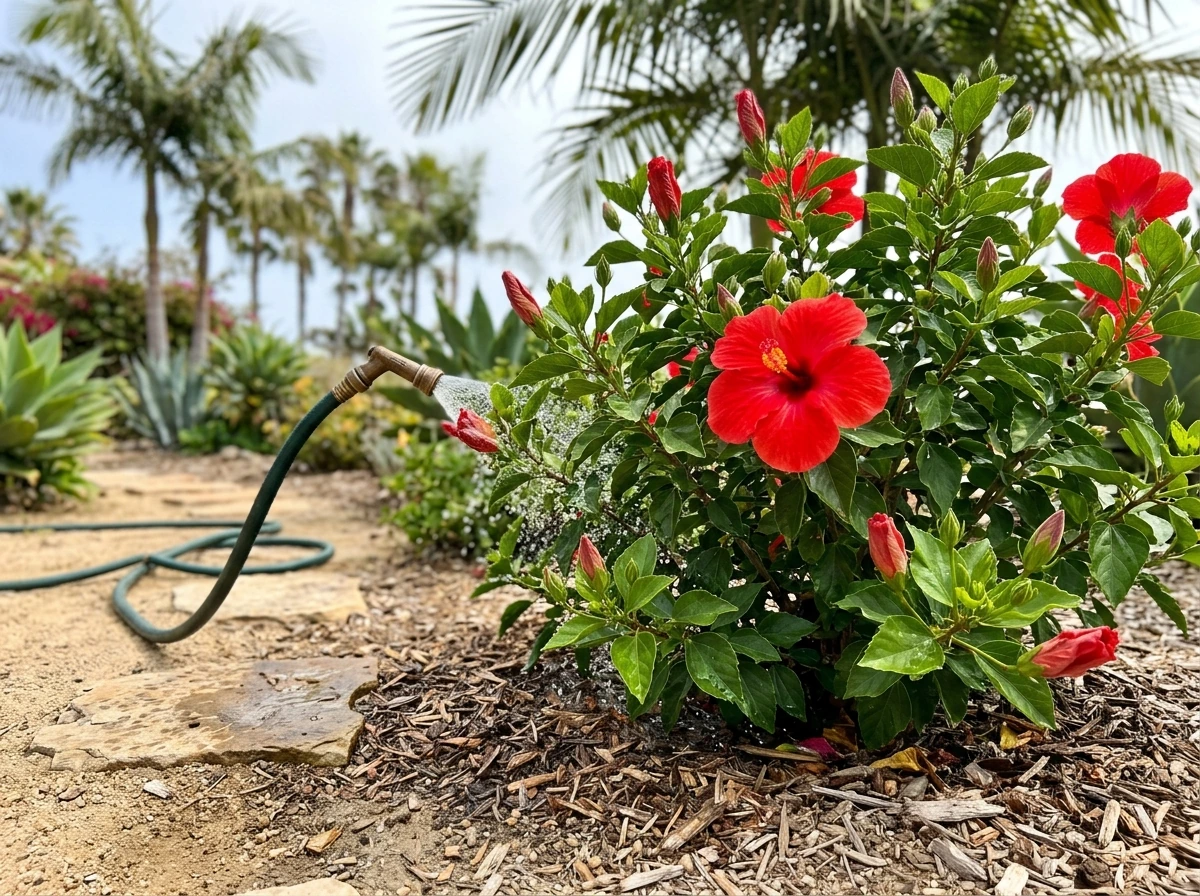 Tropical hibiscus thriving in a sunny coastal yard with mulch and healthy buds