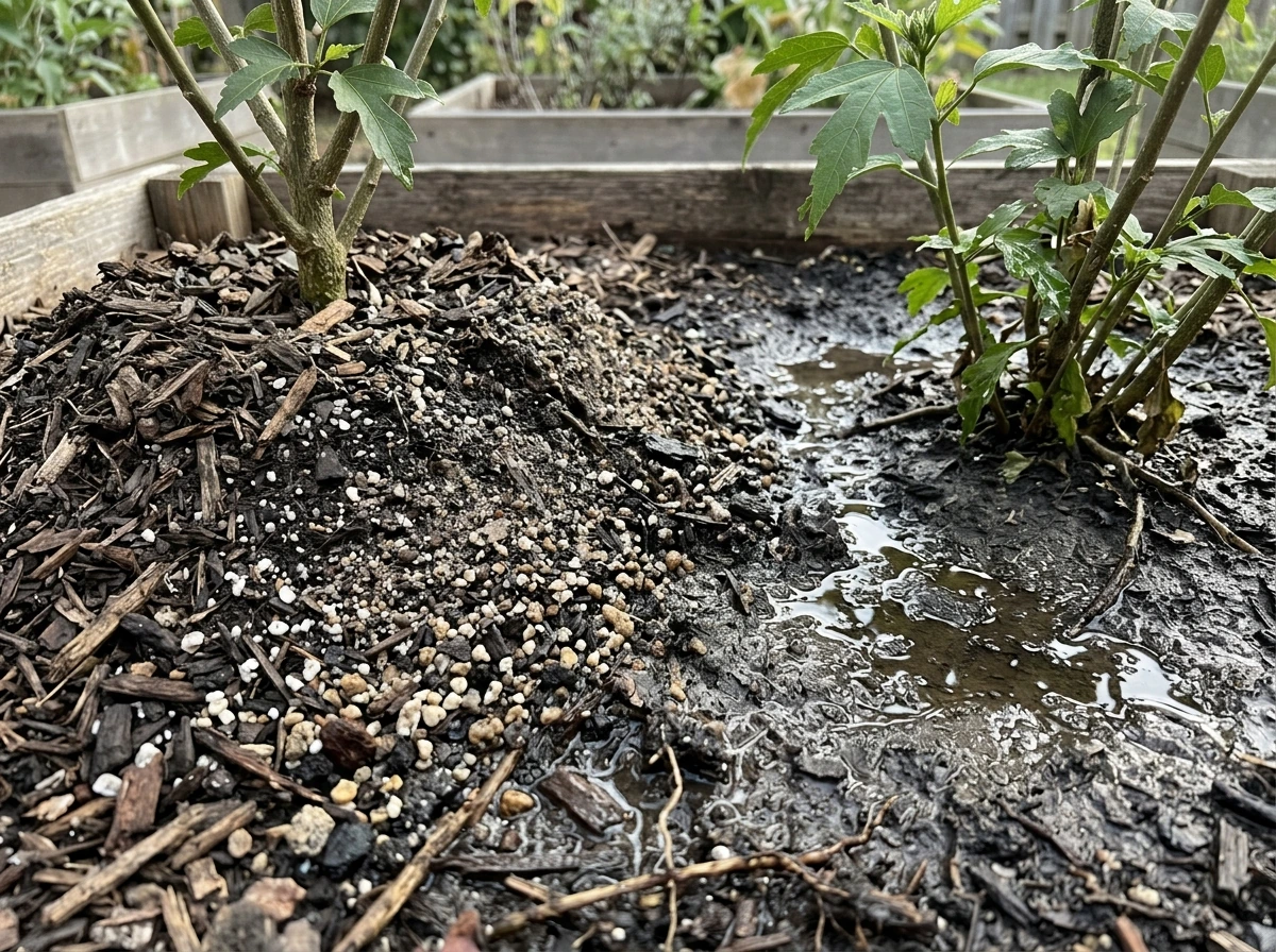Side-by-side hibiscus plantings showing how drainage affects wet soil and growth