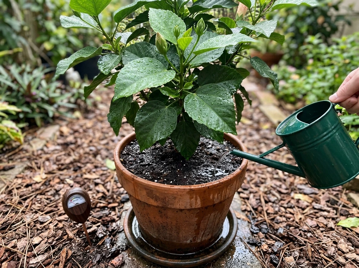 Tropical hibiscus being watered in a pot with moist soil and fresh leaves