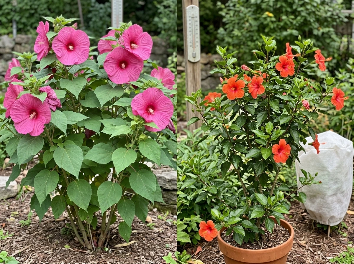 Side-by-side hardy and tropical hibiscus plants showing different leaf and bloom types