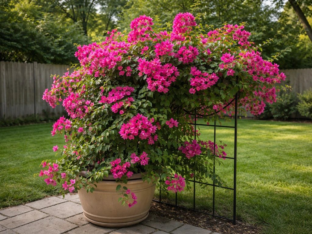 Lush bougainvillea with magenta blooms growing on a patio planter in a Michigan backyard.