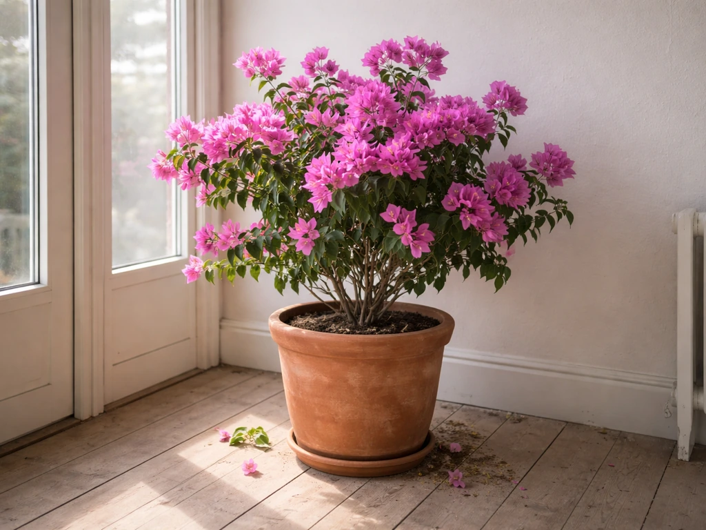Potted bougainvillea moved indoors near a bright window for winter protection.
