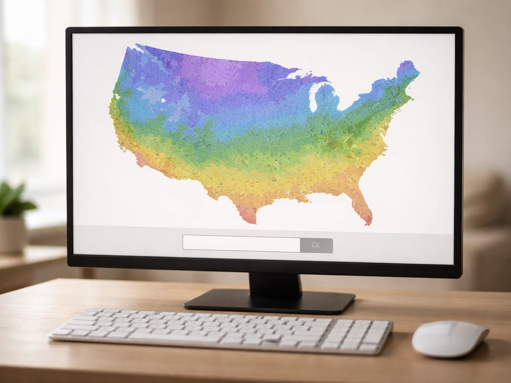 Close-up of a laptop screen showing a USDA plant hardiness zone map lookup interface.