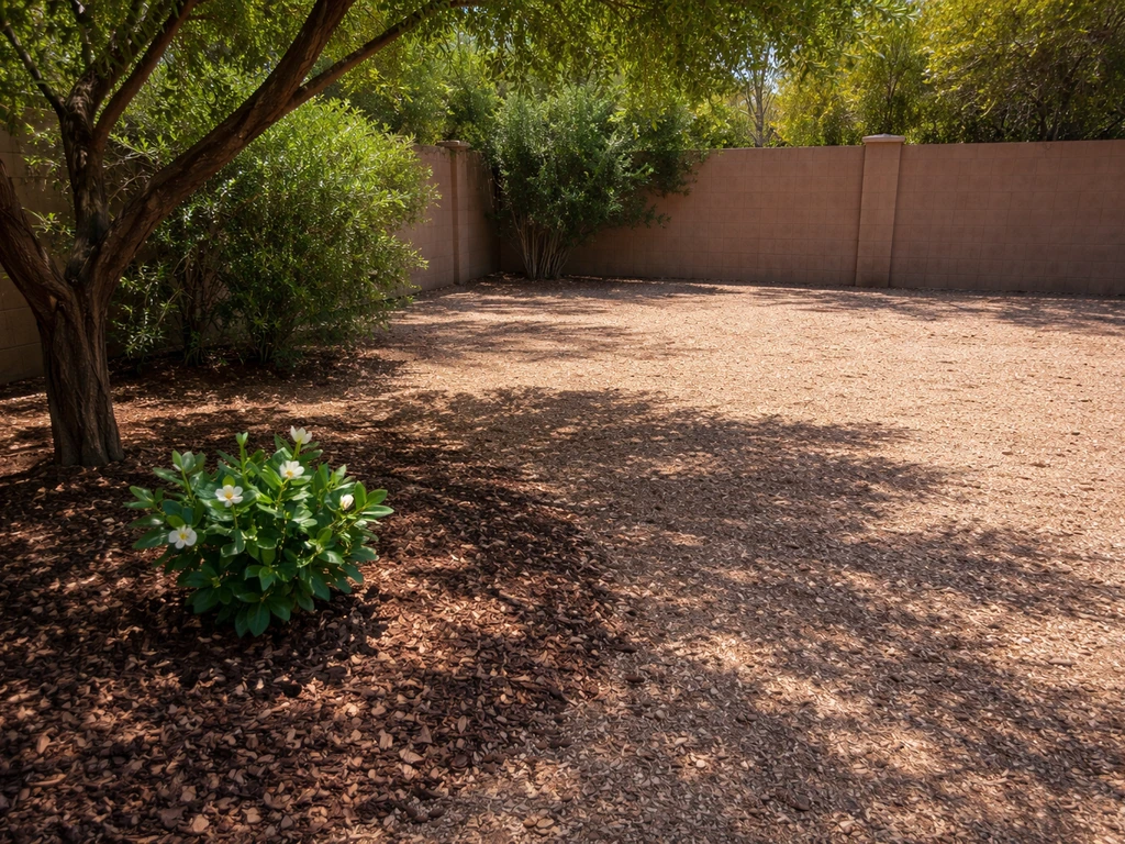 Phoenix backyard corner showing cool tree shade beside a hot sun-exposed patch with a gardenia spot.