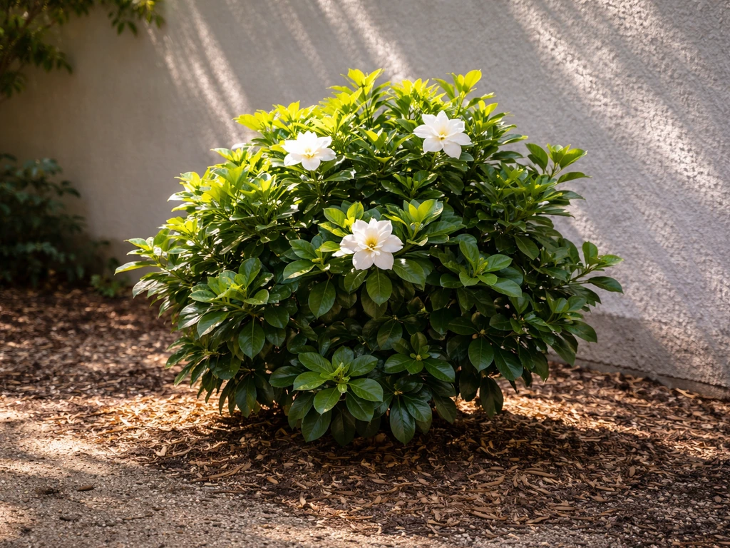 Gardenia plant in a patio bed with morning sunlight and clear afternoon shade from a nearby wall or tree canopy.