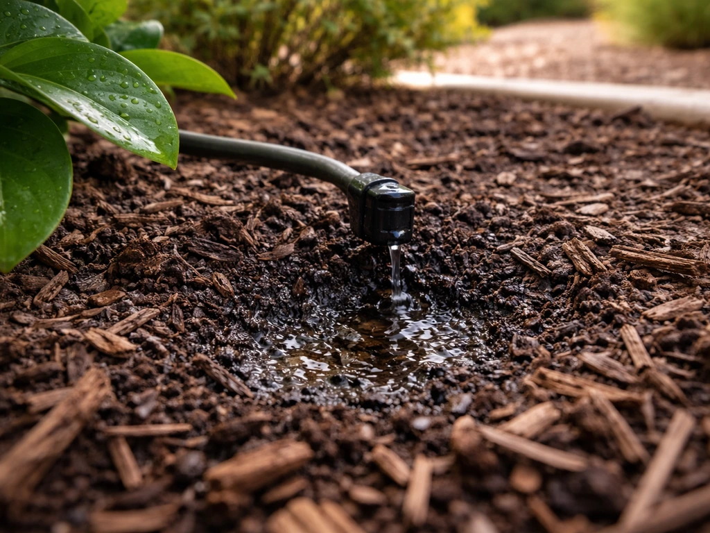 Close-up of a drip emitter watering mulched garden soil next to a gardenia leaf in dry Phoenix light.