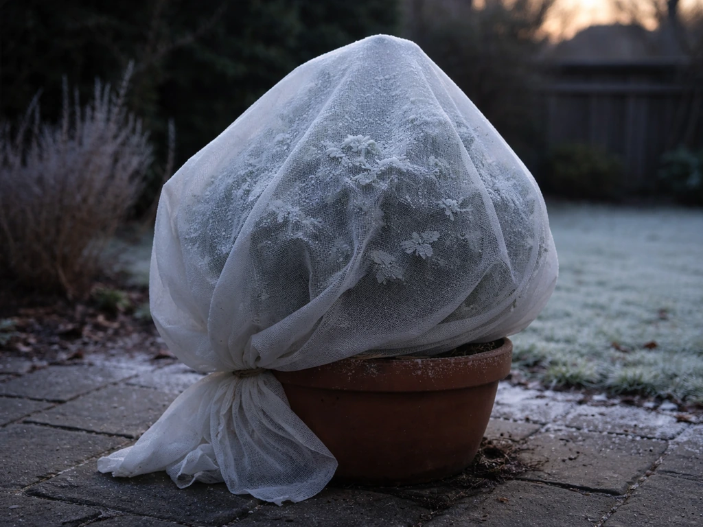 Gardenia covered with breathable cloth against overnight frost, with light frost on leaves and branches.