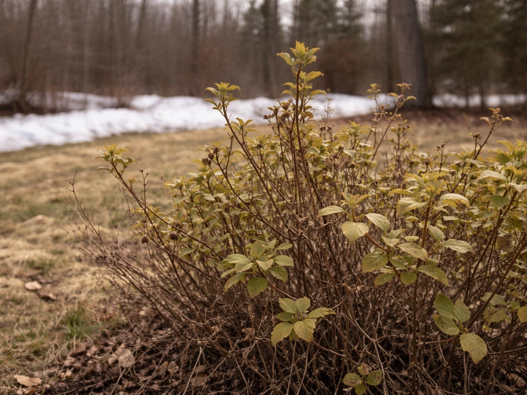 Hardy honeysuckle shrub in a Minnesota garden with distant late-winter snow and bare trees.