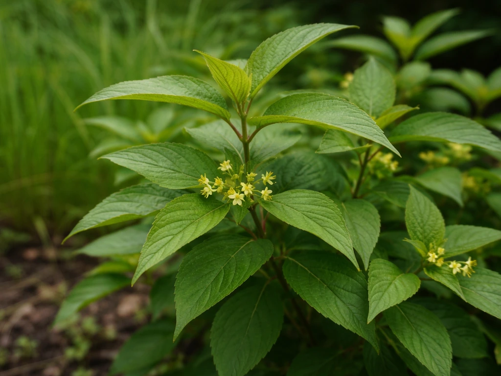 Northern bush honeysuckle shrub in a Minnesota garden with small blooms and green leaves at eye level.
