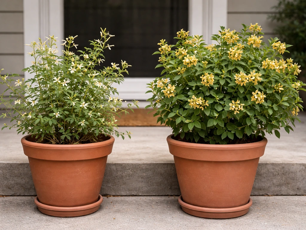 Two potted honeysuckle shrubs side by side—one native-looking with soft white blooms, one invasive-looking with darker c